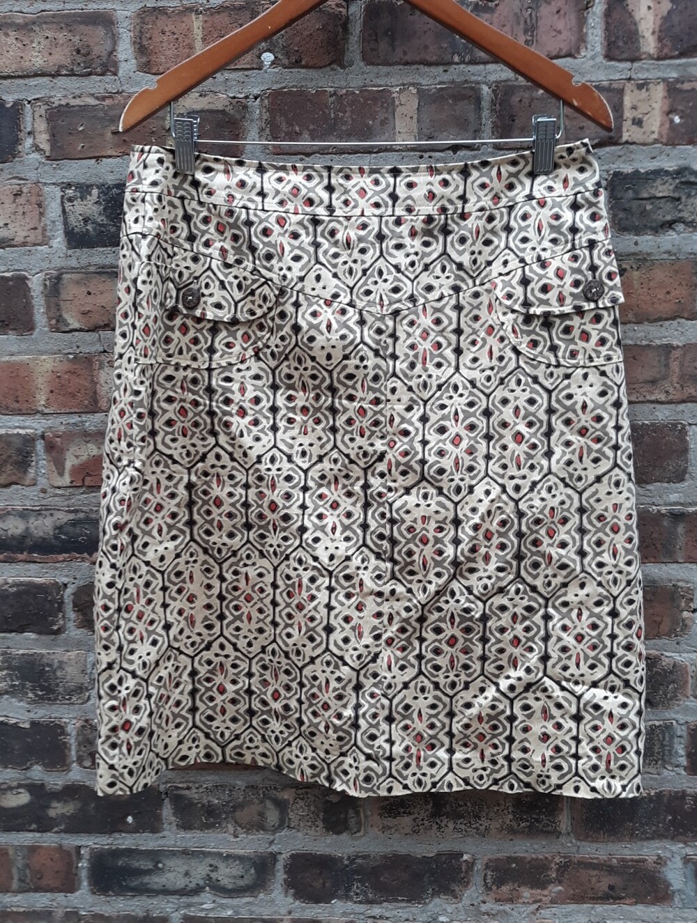 Silkland Geometric Ikat Print Cotton Pencil Skirt Cargo Pockets Neutral 10